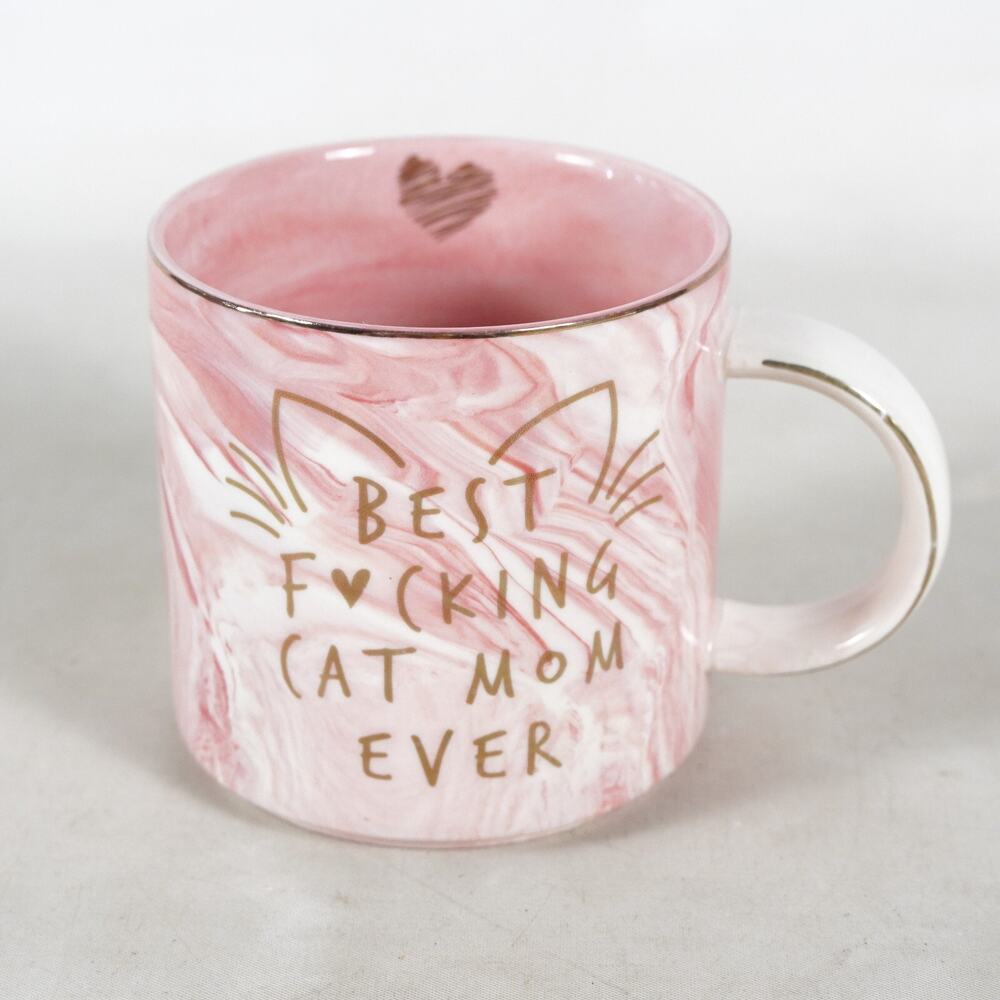 Best F*cking Cat Mom Ever Ceramic Coffee Mug Kitty Tea Cup Pink Marble Gold